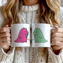 YasBey Design Sevgililere Özel Hediyelik 2'li Sevimli Dinazor Desenli 330ML Baskılı Beyaz Seramik Kupa Bardak