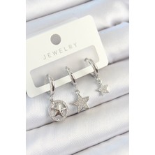 Eco Lounge Pirinç Zirkon Taşlı Yıldız Model Gümüş Renk 3'lü Çift Kadın Küpe Set