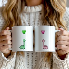 YasBey Design Sevgililere Özel Hediyelik 2'li Sevimli Dinazor Desenli 330ML Baskılı Beyaz Seramik Kupa Bardak