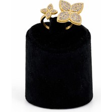 Pangu Çift Çiçek Figürlü Altın Renk Taşlı Çelik Yüzük