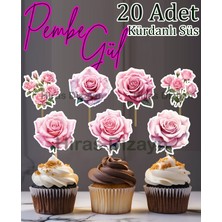 Hiras Dizayn 20 Adet Pembe Güller Kürdanlı Süs Seti Cupcake Pasta Kurabiye Kokteyl Sunum Süsleri