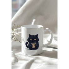 YasBey Design Somurtkan Kahveli Kedi Figürlü 330ML Baskılı Beyaz Seramik Kupa Bardak