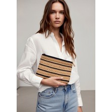 Chellomood-El Örgüsü Kağıt Ip Kadın Clutch / El Çantası – Bej & Lacivert (29×21 Cm)
