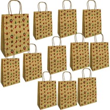 Pandoli Saplı Kraft Yılbaşı Hediye Çantası Poşeti 21X15 cm 12 Adet Noel Objeleri Desenli