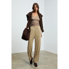 Ethiquet Lıllesol Kadın Fitilli Görünümlü Slim Fit Vücuda Oturan Havuz Yakalı Pamuklu Basic Koyu Vizon Atlet