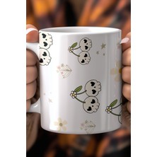 YasBey Design Sevimli Kuru Kafa ve Kiraz Desenli 330ML Baskılı Beyaz Seramik Kupa Bardak