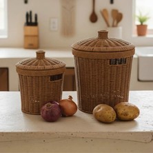 Welcomein 2’li Rattan Patates Soğan Saklama Sepeti Seti Kapaklı 3'ü 1 Arada – Büyük 27×28×27 / Küçük 23×24×24 cm