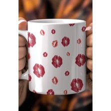 YasBey Design Kırmızı Dudak Desenli 330ML Baskılı Beyaz Seramik Kupa Bardak