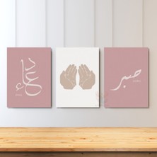 Art Ariion Dikey 3'lü Kanvas Tablo Dua Sabır Manevi Dini Huzur Duvar Tablosu Pembe