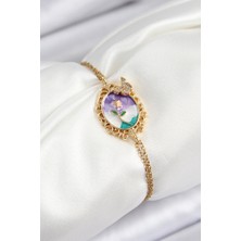 316L Çelik Zincir Mineli Sanatsal Portre Zirkon Taşlı Detaylı Çiçek Model Gold Renk Kadın B