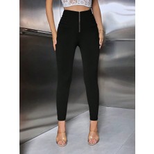 Bet's  Kadın Yüksek Belli Önden Fermuar ve Nervur Detaylı Dalgıç Tayt