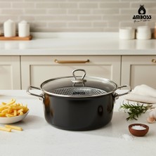 Amboss Crispella 22 cm Cam Kapaklı Emaye Kızartma Tenceresi - Siyah