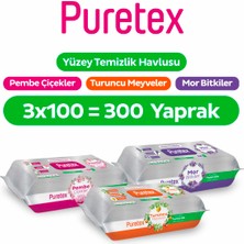 Puretex Yüzey Temizlik Havlusu Pembe Çiçekler+Turuncu Meyveler+Mor Bitkiler 3X100 (300 Yaprak)