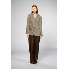 Thalure Kadın Krem Bele Oturan Pötikare Blazer