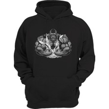 Widi Fitness Gym Sporcu Goril Baskılı 3 Iplik Kalın Şardonlu Kanguru Cepli Siyah Sweatshirt