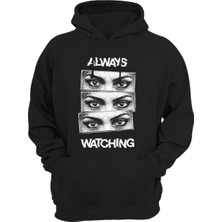 Widi Unısex Always Watchıng Baskılı Streetwear Cool Kanguru Cepli Siyah Sweatshirt