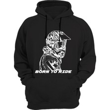 Widi Unisex Motorsiklet Motorcu Baskılı Born To Ride Kask Regular Fit %100 Pamuk Siyah Sweatshirt
