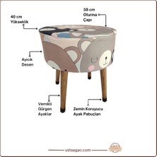 Usta Ağaç USTAAAC Ayıcık Desenli Çocuk Pufu – El Yapımı, Ahşap Ayaklı Dekoratif Tabure