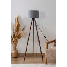 Gri Dokulu Silindir Başlık Ahşap Üç Ayaklı Lambader