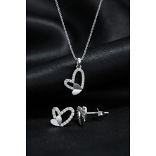 Roza Silver 925 Ayar Gümüş Rodyum Kaplama Zirkon Taşlı Minimal Asimetrik Kalp Kolye-Küpe 2'li Set