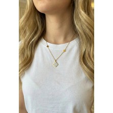 Jewels of Hope Zirkon Taşlı Altın Rengi Yonca Kolye 316l Paslanmaz Çelik Antialerjik Kolye 51 cm