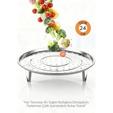 MiraLive Inox Çelik Ayaklı Buharlı Pişirme Aparatı - 24 cm Çok Amaçlı Tencere Içi Haşlama Standı