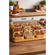 Porsima PBT-692 Bambu Ahşap 6lı Kapaklı Kahvaltılık ve Çerezlik Seti - Tepsili Sunumluk