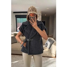 Zeynep Öykü Style Kadın Kemerli Peluş Yelek | Oversize Rahat Kalıp Şık Yelek