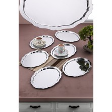 6 Adet Paslanmaz Çelik Oval Dalgalı Sade Kahve ve Sunum Tepsisi 20 cm x 25 cm