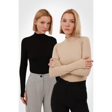 Yade Fashion Kadın Parmak Detaylı Body 2’li Set