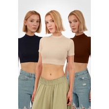 Yade Fashion Kadın Kısa Kol Crop 3\'lü Set