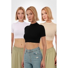 Yade Fashion Kadın Kısa Kol Crop 3\'lü Set
