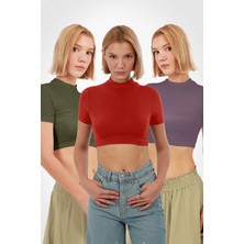 Yade Fashion Kadın Kısa Kol Crop 3\'lü Set