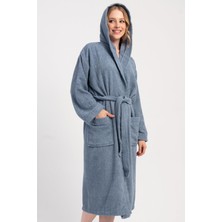 Vienetta Kadın Kapüşonlu Kuşaklı Cepli Mavi Bornoz C9T6N8161