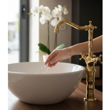 İsaoğlu Yapı Çanak Lavabo Bataryası Gold Renk Yüksek Model Rustik Lavabo Armatürü Pirinç Materyal