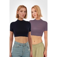 Yade Fashion Kadın Kısa Kol Crop 2\'li Set