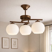 Kuzenler Modern Metal 3 Lü Kahve Kasa Beyaz Cam Avize