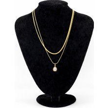 Pangu Taş Detaylı Damla Uçlu Altın Renk Çift Zincir Çelik Kolye