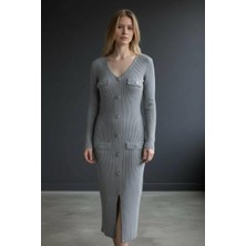 Miss Poem Kadın Gri Önü Dekoratif Düğmeli Yırtmaçlı Triko Elbise