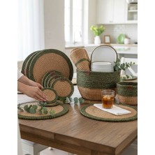 Home İnn 4 Kişilik Lüks Hasır Örgü Yeşil Sofralık Set (Amerikan Servis, Runner, Sepet, Ekmeklik) - 16 Parça