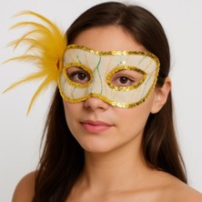 VIAHOME Altın Renk Yandan Tüylü Pul Payet Işlemeli Parti Maskesi 23X12 cm