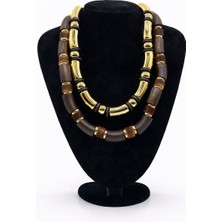 Pangu Ikili Ahşap & Altın Renk Metal Boncuklu Kolye Seti