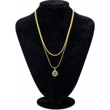 Pangu Hayat Ağacı Figürlü Altın Renk Çift Zincir Çelik Kolye