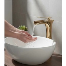 İsaoğlu Yapı Gold Çanak Lavabo Bataryası Yüksek Model Çanak Uyumlu Şelale Akış Armatür Gold Renk