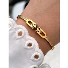 Ferro Sarı Çelik Kelepçe Kordon Kristal Taşlı Kadın Bileklik FRJW10019A-B 2 Yıl Garantili Hediye Paketli