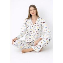 CharMe Noveya Ayıcık Desenli Ekru Kadın Pijama Takımı – Uzun Kollu, Düğmeli, Ev Giyimi