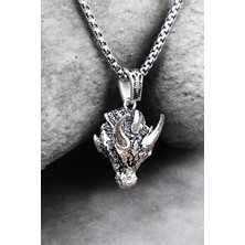 Ak Store Silver Erkek, Ejderha Başı (Dragon) Figürlü Fantastik K-179 Paslanmaz Kromix Çelik Gümüş Kaplama Kolye
