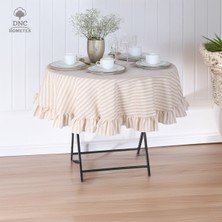 DNC Hometex Keten Çizgili Sütlü Kahve Fırfırlı Masa Örtüsü
