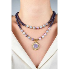 Sose Moda Burç Madalyon Uçlu Kristal ve Cam Boncuk Kolye - Mor