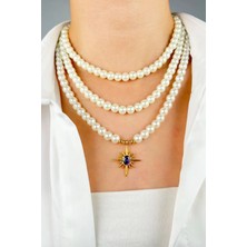 Sose Moda Mor Taşlı Kuzey Yıldızlı Üç Sıra Inc Kolye - Beyaz